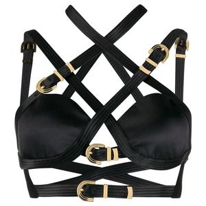 Versace Fall 2019 Runway Black Silk Satin Cage Bra Cropped Bondage Top 42